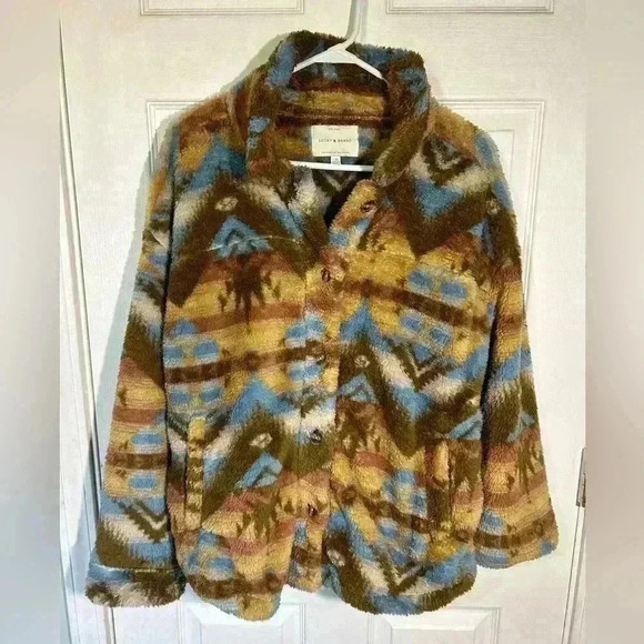 Women’s Lucky Brand Fuzzy Sweater/Flannel Jacket. Size Large. Comfy. Fall. - Picture 1 of 10